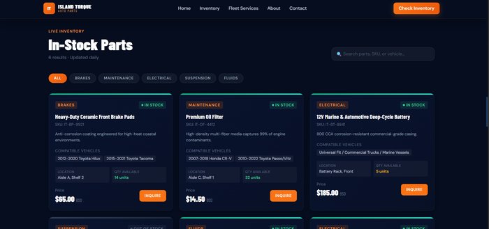 Island Torque live inventory with SKUs, stock, and pricing
